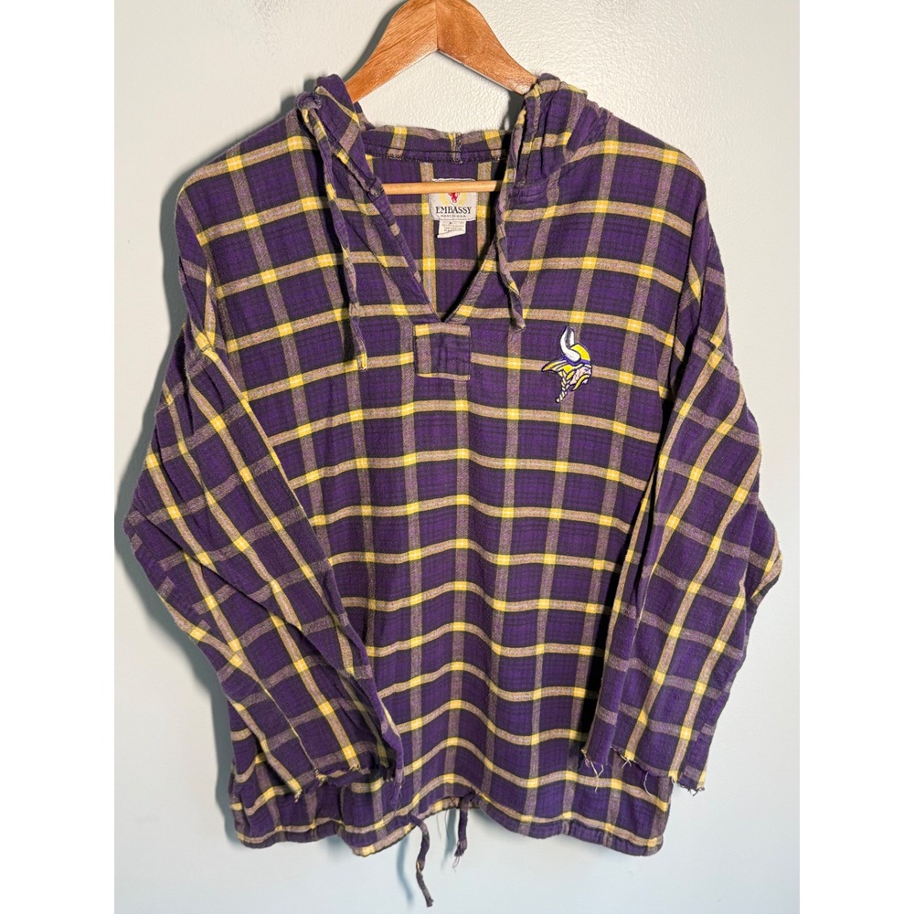 Vintage 90s Minnesota Vikings Embassy Flannel Hoodie Plaid Shirt Cut Sleeve L/XL